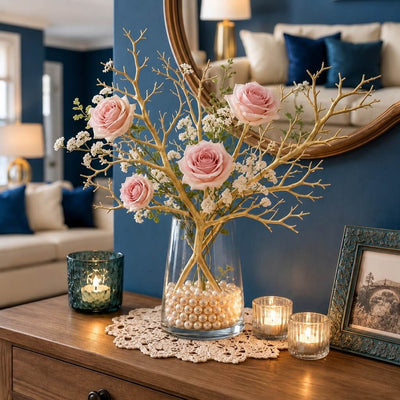 Metallic gold manzanita branches with pink roses in a pearl-filled glass vase centerpiece - thumbnail number 8