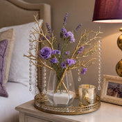 Metallic gold manzanita branches with purple flowers and crystal dangles in a glass vase - thumbnail number 9