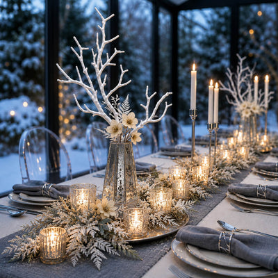 White artificial manzanita tree branches arranged in a vase on a festive winter dining table - thumbnail number 4