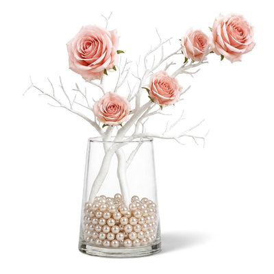 White artificial manzanita tree branches with pink roses in a pearl-filled glass vase - thumbnail number 2