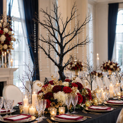 34 inch black manzanita tree with crystal bead chains, red and white floral base, on dining table - thumbnail number 2