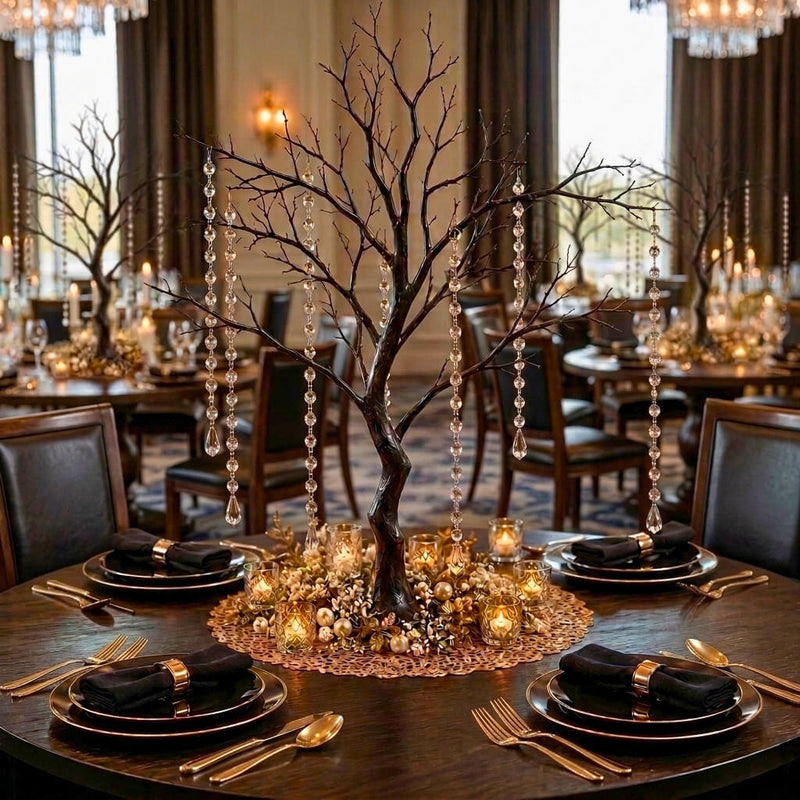 34 inch artificial black manzanita tree centerpiece with acrylic bead chains on a dining table - thumbnail number 4