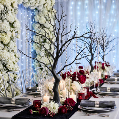 34" artificial black manzanita tree centerpiece with 8 hanging acrylic bead chains on a banquet table - thumbnail number 5