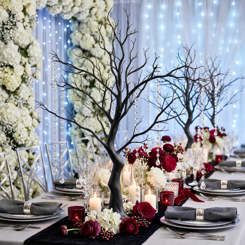 34" artificial black manzanita tree centerpiece with 8 hanging acrylic bead chains on a banquet table - thumbnail number 5