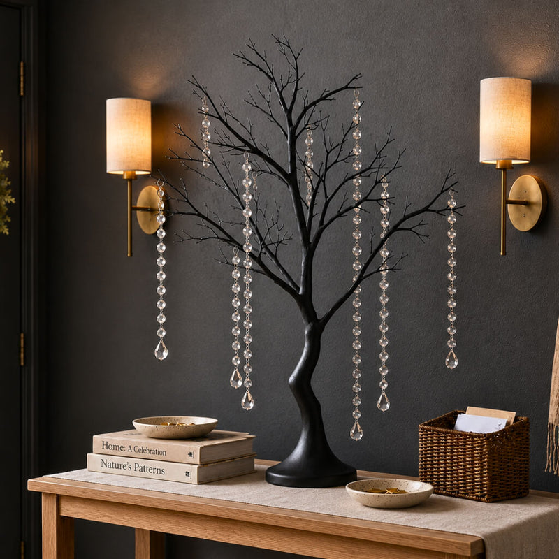 34" artificial black manzanita tree centerpiece with 8 hanging acrylic bead chains on a console table - thumbnail number 7