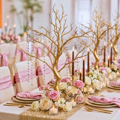34-inch metallic gold manzanita tree centerpiece with acrylic bead chains on a floral table - thumbnail number 2