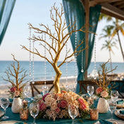 34-inch metallic gold manzanita tree centerpiece with acrylic bead chains on a floral table - thumbnail number 4