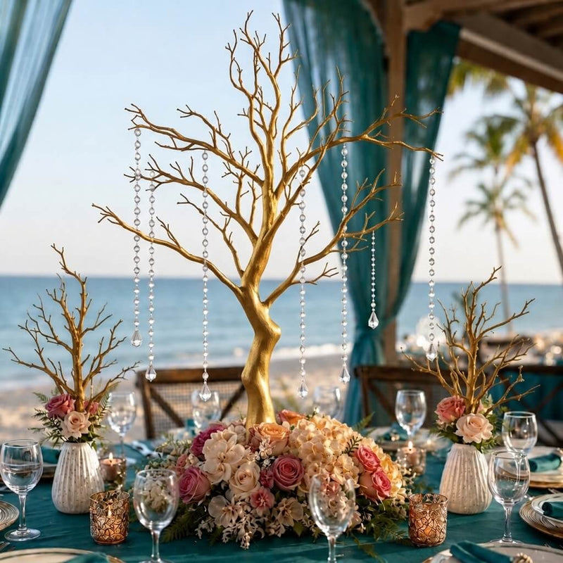 34-inch metallic gold manzanita tree centerpiece with acrylic bead chains on a floral table - thumbnail number 4