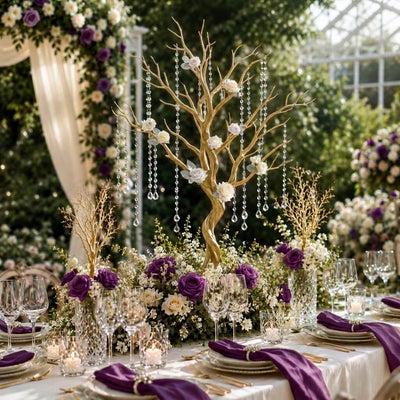 34-inch metallic gold manzanita tree centerpiece with acrylic bead chains on a floral table - thumbnail number 5