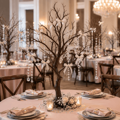 34-inch manzanita tree centerpiece with acrylic bead chains and white ribbons - thumbnail number 2