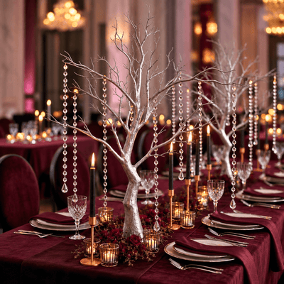 Metallic silver manzanita tree centerpiece with acrylic bead chains on a formal table - thumbnail number 5