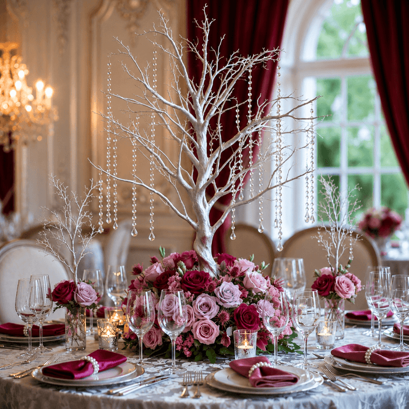 Metallic silver manzanita tree centerpiece with dangling acrylic bead chains for wedding tables - thumbnail number 3