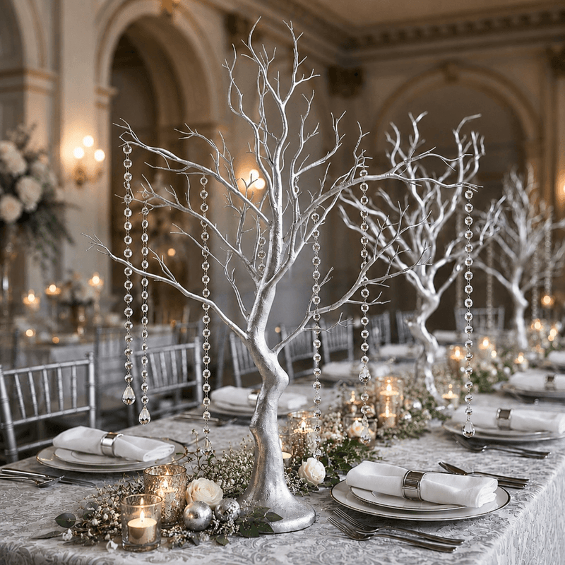 Metallic silver manzanita tree centerpiece with acrylic bead chains for elegant weddings - thumbnail number 4