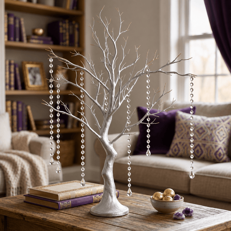 Metallic silver manzanita tree centerpiece with acrylic bead chains on a table - thumbnail number 6
