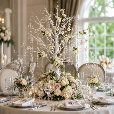 Artificial white manzanita tree centerpiece with flowers and hanging crystal chains on a table - thumbnail number 3