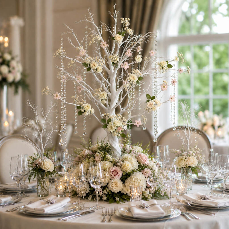 Artificial white manzanita tree centerpiece with flowers and hanging crystal chains on a table - thumbnail number 3