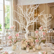 Artificial white manzanita tree centerpiece with flowers and hanging crystal chains on a table - thumbnail number 4