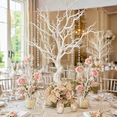 Artificial white manzanita tree centerpiece with flowers and hanging crystal chains on a table - thumbnail number 4