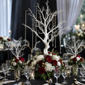 Artificial white manzanita tree centerpiece with hanging crystal chains on a decorated table - thumbnail number 5