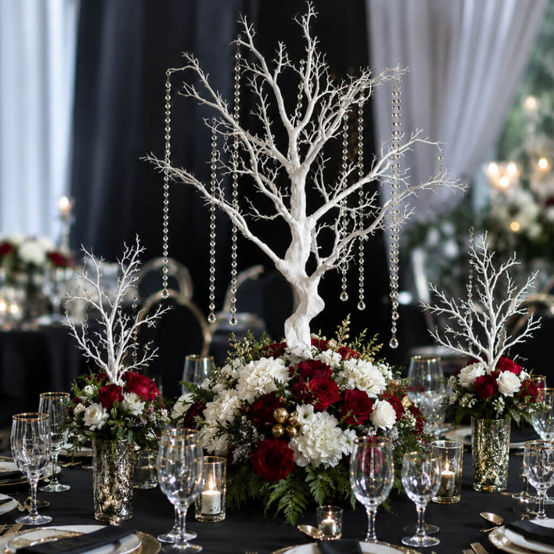 Artificial white manzanita tree centerpiece with hanging crystal chains on a decorated table - thumbnail number 5