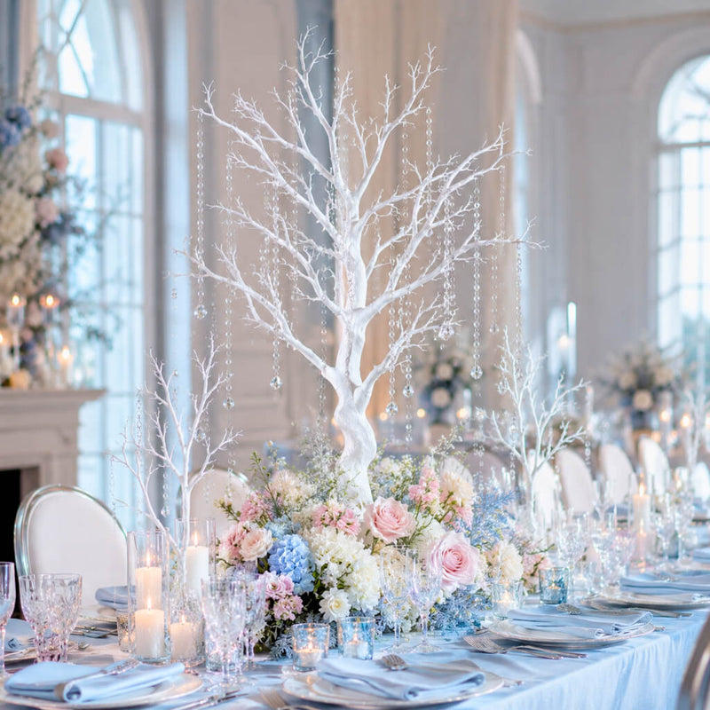 Artificial white manzanita tree centerpiece with crystal chains on a decorated wedding table - thumbnail number 6