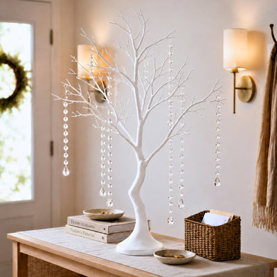A white decorative tree centerpiece with hanging crystal ornaments on a table - thumbnail number 7