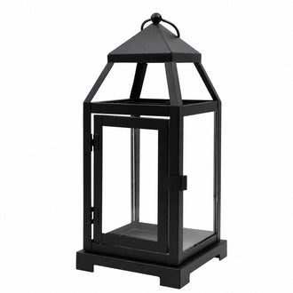 Black Metal Candle Lantern with Glass Panels - 11" Decorative Vintage Lantern Centerpiece with Top Hanging Ring
