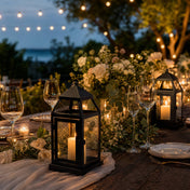 Black metal lantern centerpieces with pillar candles on an outdoor wedding reception table decorated with white flowers - thumbnail number 4