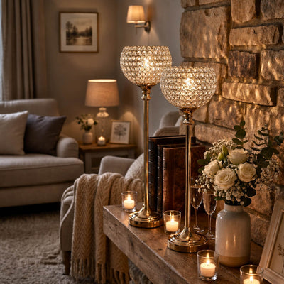 Two gold crystal candle holders on a wooden mantel - thumbnail number 7