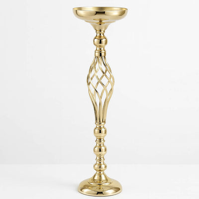 Set of 2 Gold Metal Pillar Candle Holders 26" – Reversible Flower Ball Pedestal Design for Event Centerpieces
