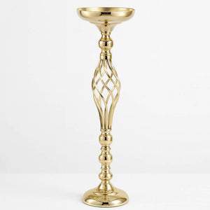 Set of 2 Gold Metal Pillar Candle Holders 26" – Reversible Flower Ball Pedestal Design for Event Centerpieces