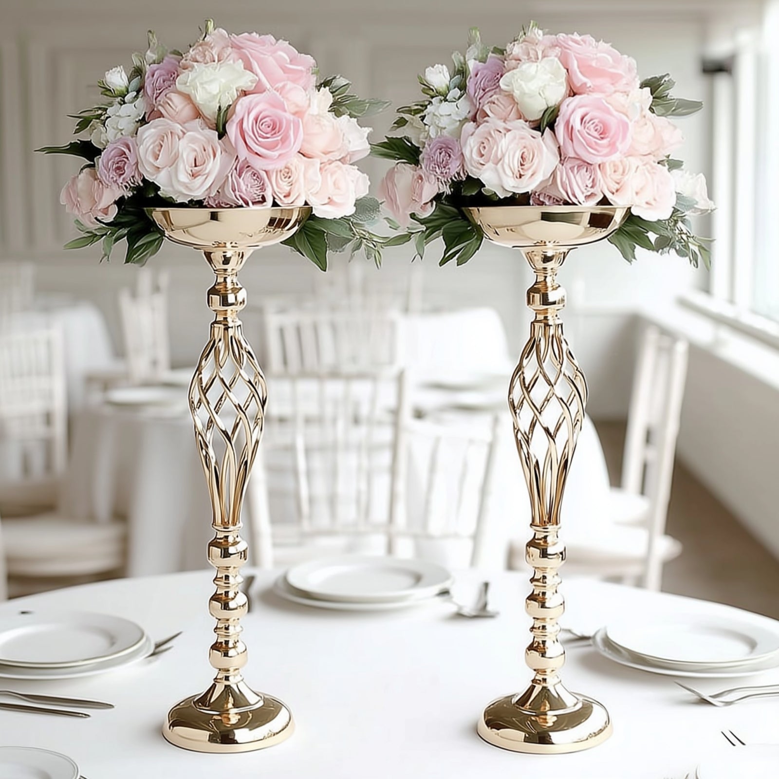 Set of 2 Gold Metal Pillar Candle Holders 26" – Reversible Flower Ball Pedestal Design for Event Centerpieces