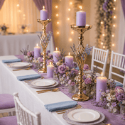 Gold pillar candle holders with purple candles and lavender floral centerpieces - thumbnail number 2