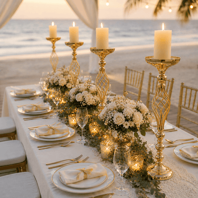 Gold pillar candle holders with white florals on beach wedding table - thumbnail number 4