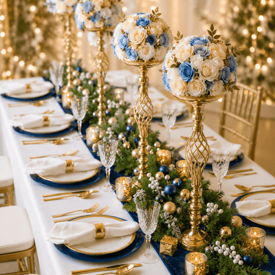 Gold candle holders styled with blue and white floral centerpieces - thumbnail number 5