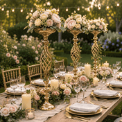 Gold metal pillar candle holders styled with florals on outdoor table - thumbnail number 3