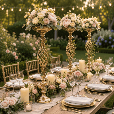 Gold metal pillar candle holders styled with florals on outdoor table - thumbnail number 3
