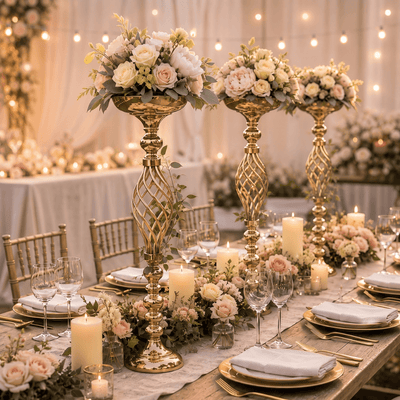 Gold pillar candle holders styled with floral arrangements as wedding centerpieces - thumbnail number 6