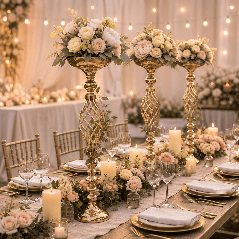 Gold pillar candle holders styled with floral arrangements as wedding centerpieces - thumbnail number 6