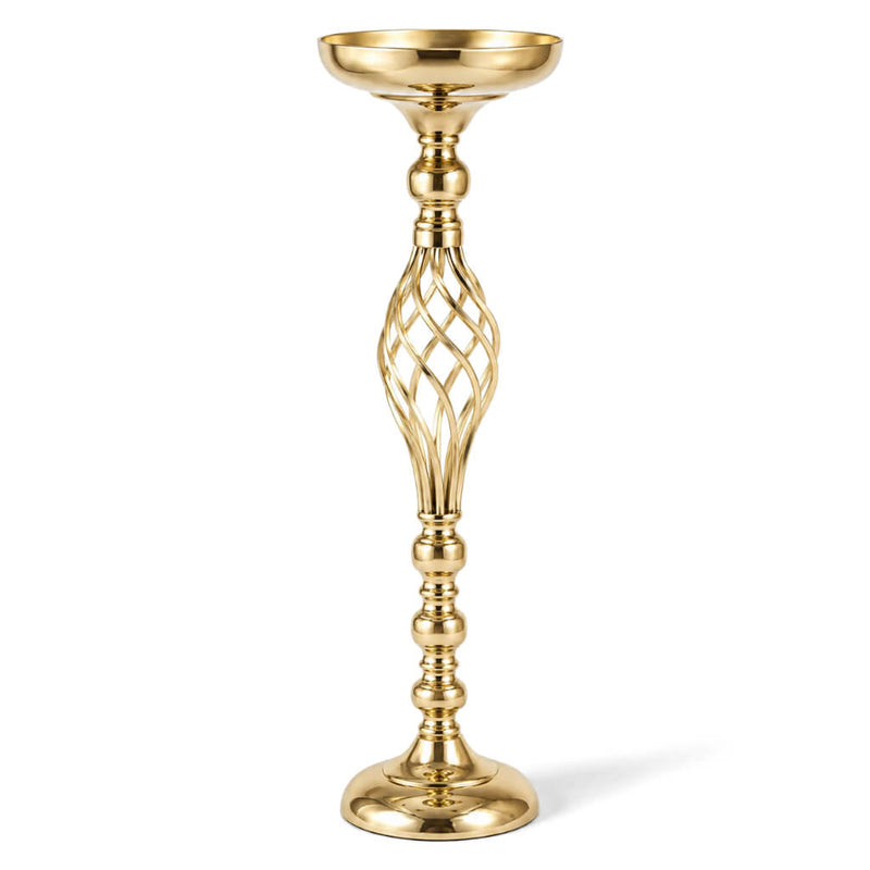 Gold metal pillar candle holder with a twisted stem design on white background - thumbnail number 1