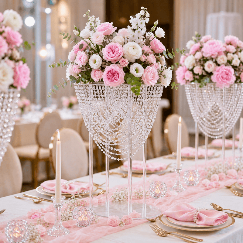 Tall crystal beaded acrylic stand displaying a pink and white floral arrangement for weddings - thumbnail number 2
