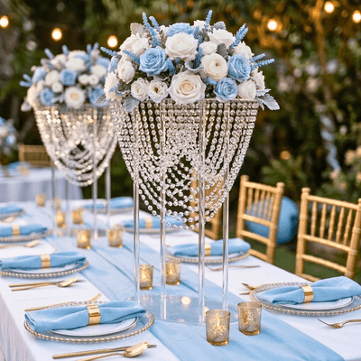 Tall crystal beaded acrylic stand displaying a blue and white floral arrangement for weddings - thumbnail number 4