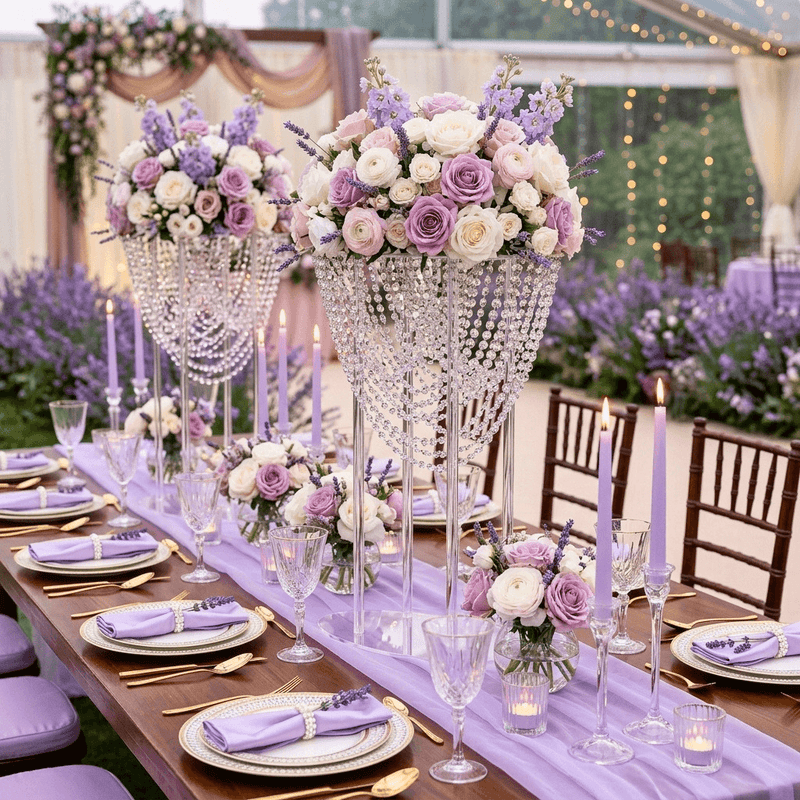 Tall acrylic and crystal beaded stands displaying lavender and purple rose centerpieces - thumbnail number 5