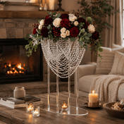 Tall crystal beaded acrylic stand displaying a red and white floral arrangement on a table - thumbnail number 7