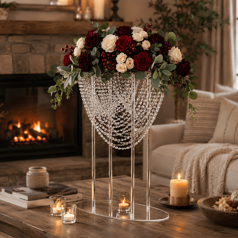 Tall crystal beaded acrylic stand displaying a red and white floral arrangement on a table - thumbnail number 7