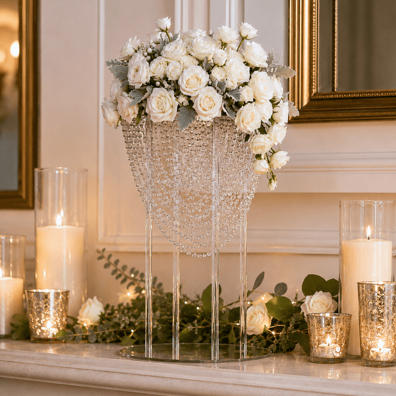 Tall acrylic and crystal beaded stand displaying a white rose floral arrangement - thumbnail number 8