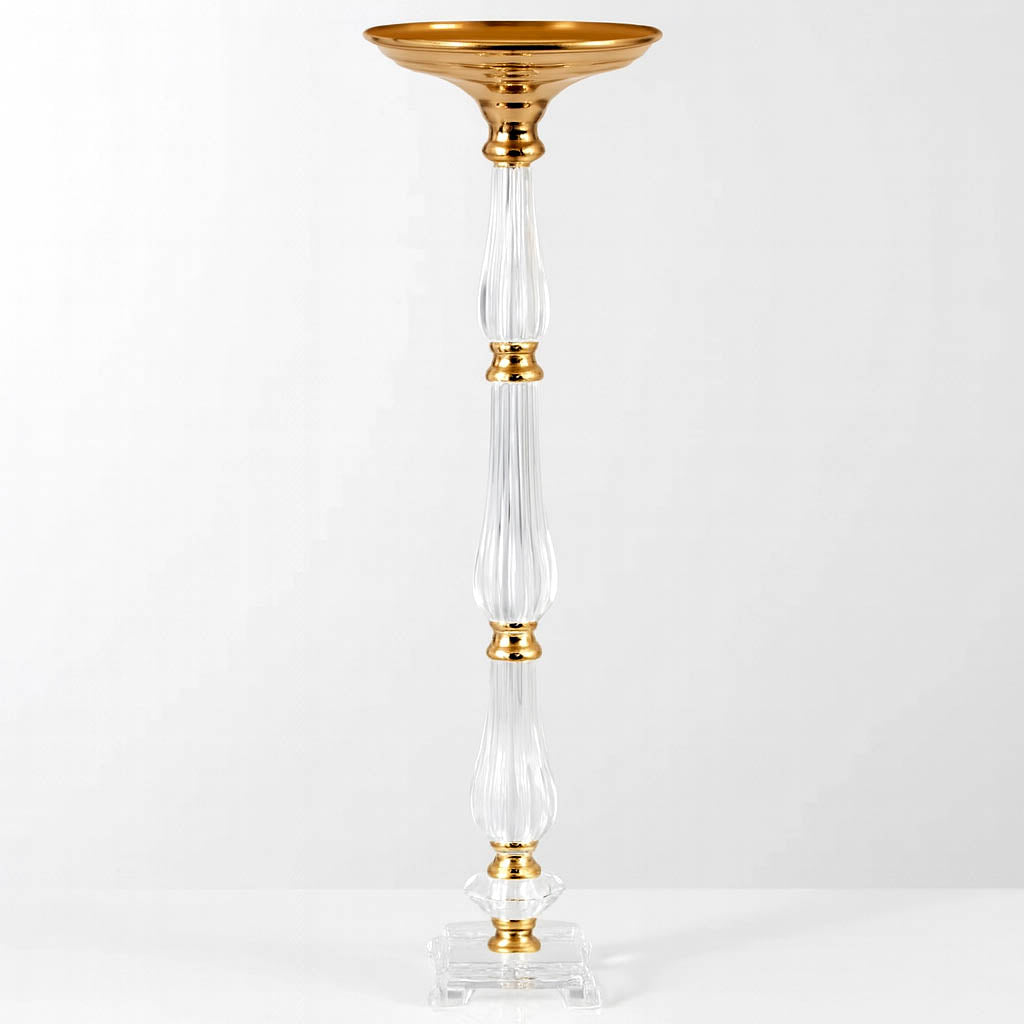 32" Gold/Clear Acrylic Crystal Pillar Candle Stand – Wedding Flower Bowl Pedestal Table Centerpiece