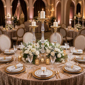 Gold and clear acrylic pillar stands styled with white floral centerpieces for formal wedding - thumbnail number 4