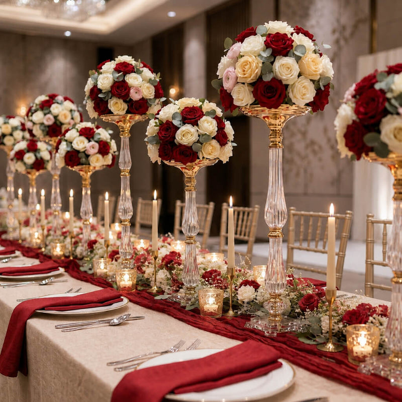 Tall gold and clear acrylic stands with red and white floral centerpieces - thumbnail number 2
