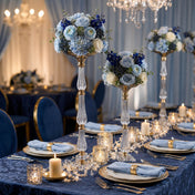Tall gold and clear acrylic floral stands with blue and white centerpieces - thumbnail number 3